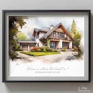 May include: Framed watercolour print depicting a house with a light exterior and a grey roof. The image includes the text "Home is where the heart is" and "THE MULLIGAN FAMILY • EST. 2007". The artwork is set in a black frame.