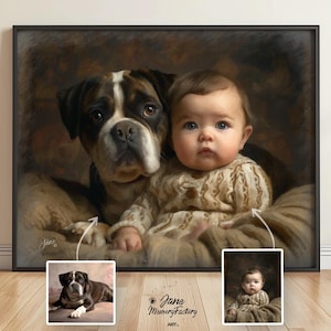 May include: A painting of a young child and a brown and white dog. The child is wearing a brown sweater and the dog is looking at the camera. The painting is in a dark brown frame.