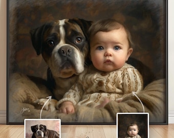 Custom Baby And Puppy Digital Portrait, Personalized Photo Merge Artwork, Electronic Illustration Infant & Dog, Image, Virtual Art Present