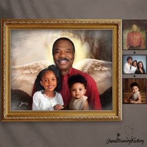 May include: A framed painting of a man with two children. The man is wearing a red shirt and has a halo above his head. The children are wearing white and beige clothing. The painting has a white background with angel wings on either side of the man.