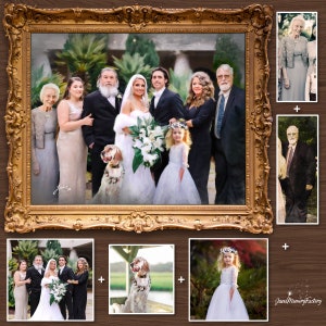 May include: A framed family portrait with a gold ornate frame. The painting depicts a wedding party with a bride, groom, and other family members. A dog is included in the portrait. Additional smaller portraits are included in the image.