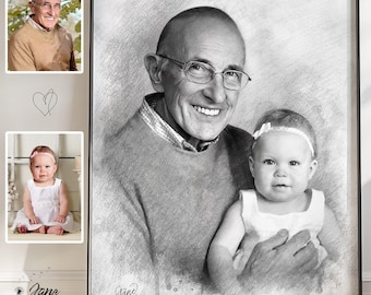 Custom Memorial Portrait Grandfather Grandson, Hyper Realistic Black And White Likeness, Combine Family Photos Into Art, Commemorative Image