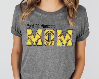 May include: Gray t-shirt with the text "Pontiac Pioneers MOM" in yellow and red. The letters are made to look like a softball.