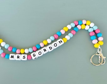 Personalized Teacher Lanyard, Beaded Wooden Teacher Lanyard With Name,  Wooden Bead Custom Lanyard, Back to School, Teacher Beaded Lanyard
