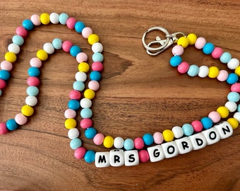 Personalized Teacher Lanyard, Beaded Wooden Teacher Lanyard With Name,  Wooden Bead Custom Lanyard, Back to School, Teacher Beaded Lanyard