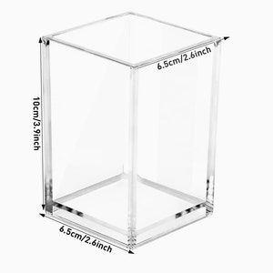 May include: Clear acrylic organizer with measurements in inches. The organizer is 6.5 inches wide, 6.5 inches deep, and 3.9 inches tall.