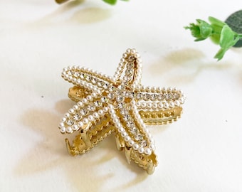 Mini starfish hair clip, Gold pearl mini hair claw, Mermaid lover gift, Luxury wedding hair clip, Unique birthday gift for her, Pearl clip