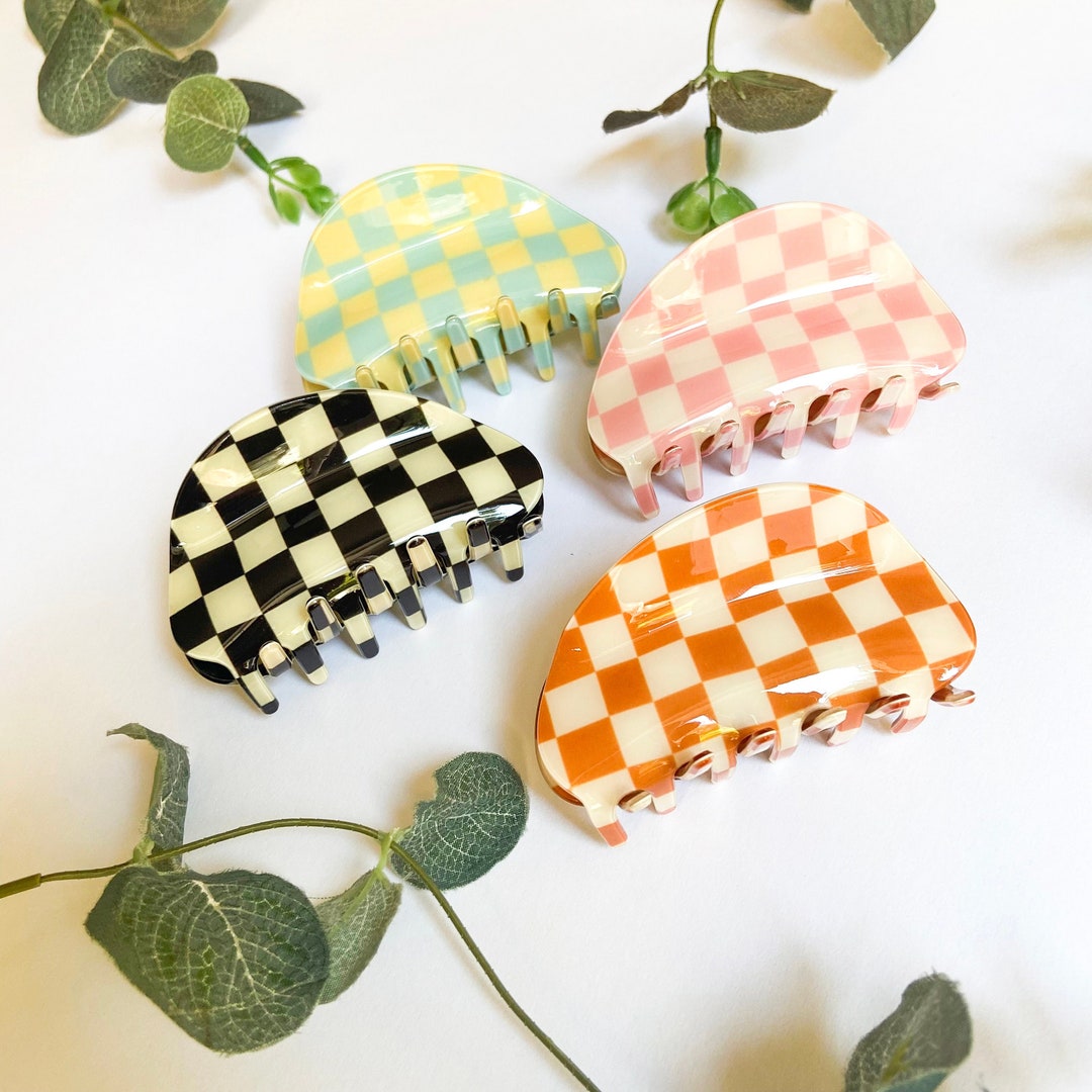 Pastel Hair Claw, Checkered Hair Clip, Candy Pink Hair Clip, Terracotta