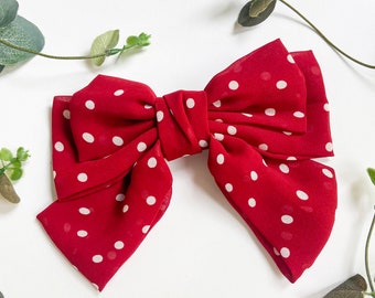 Red polka dot bow hair clip, Large red bow hair clip, Adorable polka dot hair accessories, Unique hair accessories birthday gift