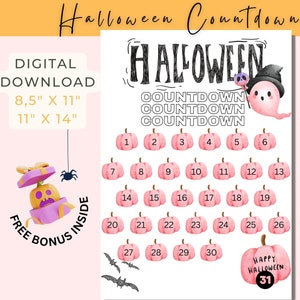 Halloween Countdown Calendar for Kids, Pink Halloween Decor, Cute Halloween Printable Activity, Digital Download