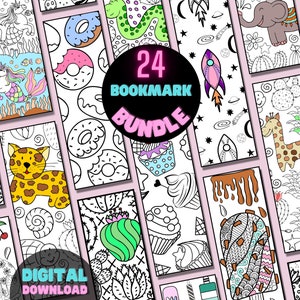 Printable Coloring Bookmarks, Cute Digital Bookmark Set, Printable Book Marks, Kids and Adult Coloring pages
