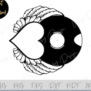 Vinylplaat SVG, engel hart svg, Cricut, silhouet, muziekrecord PNG, album vinyl clipart, eps, dxf, pdf, jpg