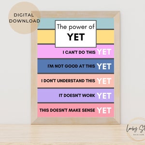 The Power of Yet Poster, Growth Mindset Printable Classroom Poster, School Psychologist Poster INSTANT DOWNLOAD