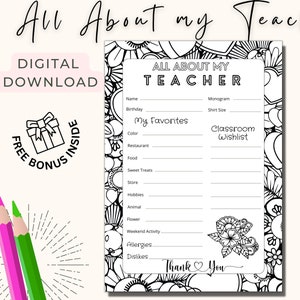 All about my Teacher Printable Coloring page, Favorites Teacher Survey, Back to School Teacher questionnaire