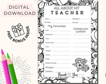 All about my Teacher Printable Coloring page, Favorites Teacher Survey, Back to School Teacher questionnaire