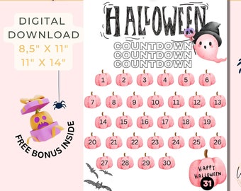 Calendario de cuenta regresiva de Halloween para niños, decoración rosa de Halloween, linda actividad imprimible de Halloween, descarga digital