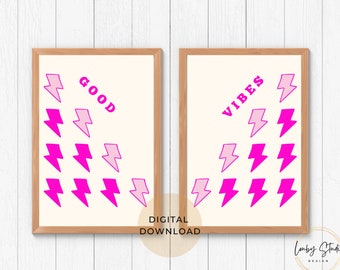 Roze preppy muurkunstset: good vibes, bliksemschichten (digitale download)