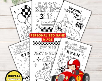 子供向けのレーシングカーの誕生日ぬりえ、パーソナライズされた誕生日パーティーアクティビティ、レーシングぬりえシート、誕生日アクティビティ、パーティーの景品、PDF