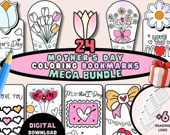 Happy Mothers Day Coloring Pages Bookmarks, Printable Mothers day Coloring Book Mark Adult Coloring Card, Love You Mom School Craft Activity