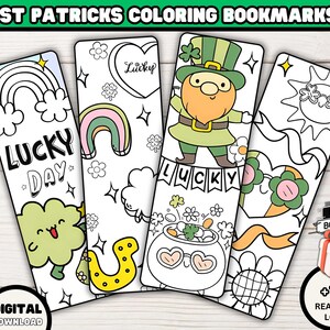 Pode incluir: Quatro marcadores de livros para colorir em preto e branco com temas do Dia de São Patrício. Os marcadores incluem um arco-íris, um trevo, um pote de ouro e um duende. Os textos "Lucky Day" e "Lucky" estão incluídos nos marcadores. Os marcadores são projetados para colorir.