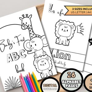 ABC Baby Shower Coloring Book Animals Printable Alphabet Coloring Pages Baby Shower Activity Baby ABC Book, Digital Download
