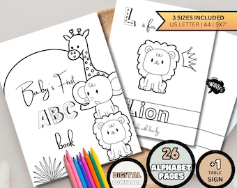 ABC Baby Shower Malbuch Tiere zum ausdrucken Alphabet Malseiten Baby Shower Aktivität Baby ABC Buch, digitaler Download