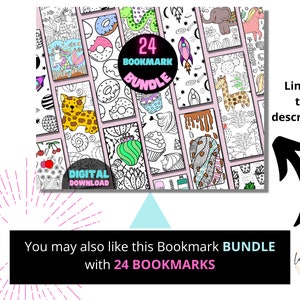 Puede incluir: Una descarga digital de 24 marcap&aacute;ginas imprimibles con diversas ilustraciones, incluyendo animales, comida y dise&ntilde;os abstractos. El texto "24 Bookmark Bundle" se muestra en un c&iacute;rculo rosa con un contorno blanco.