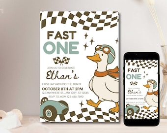 ファストワン バースデー招待状：レトログース レースカー テーマ（デジタルダウンロード）