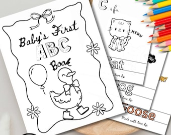 ABCベビーシャワーぬり絵、おバカなグースのテーマ、赤ちゃんのための初めてのアルファベットゲストブック、デジタルダウンロード