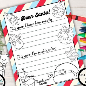 Carta a Santa Página para colorear, Carta imprimible de Querido Santa, Lista de deseos de Navidad, Actividad para colorear de Navidad en el aula, Descarga digital