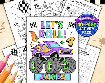 Personalized Monster Truck Birthday Coloring Pages, Boy Birthday Monster Truck Party Favors, Custom Name Coloring Sheets PDF