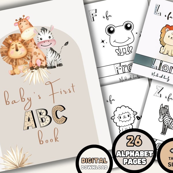 Baby Alphabet Book, Printable Baby Shower Abc Book, Animal Alphabet Coloring Pages Activity Book, Baby's first Storybook, Digital Download