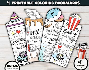 Segnalibri da colorare stampabili, Segnalibri di libri da colorare per dessert dolci, Pagina da colorare di compleanno per bambini, Artigianato in classe, Registro di lettura, Download digitale