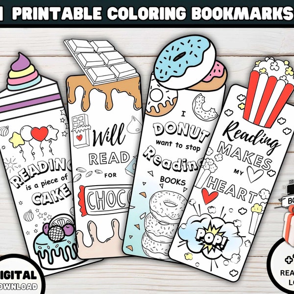 Printable Coloring Bookmarks, Sweet Dessert Coloring Book Marks, Kids Birthday Coloring Page, Classroom Craft, Reading Log, Digital Download