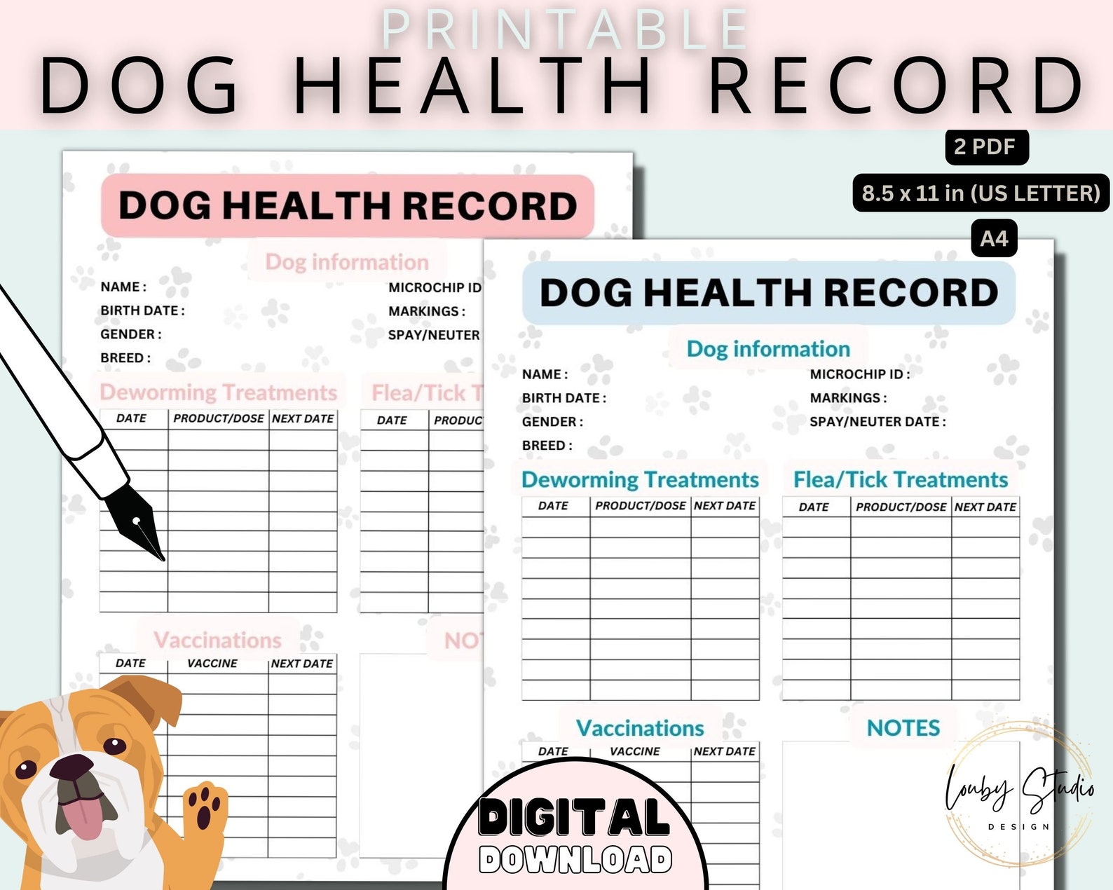 Dog Health Record, Printable Dog Shot Record, Puppy and Dog Vaccination