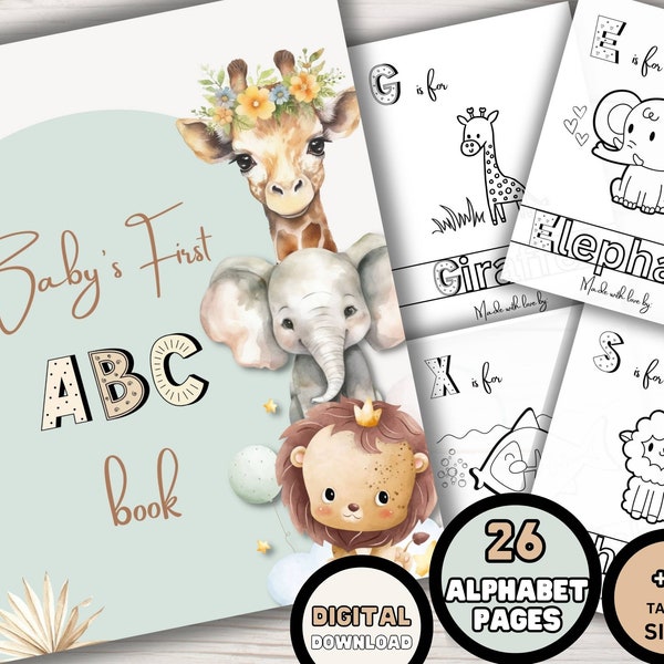 Baby Alphabet Book, Printable Baby Shower Abc Book, Animal Alphabet Coloring Pages Activity Book, Baby's first Storybook, Digital Download