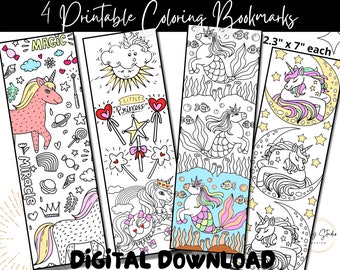 Printable Unicorn Coloring Page, Cute Girls coloring bookmarks, Digital Book Marks, Kids Unicorn activity