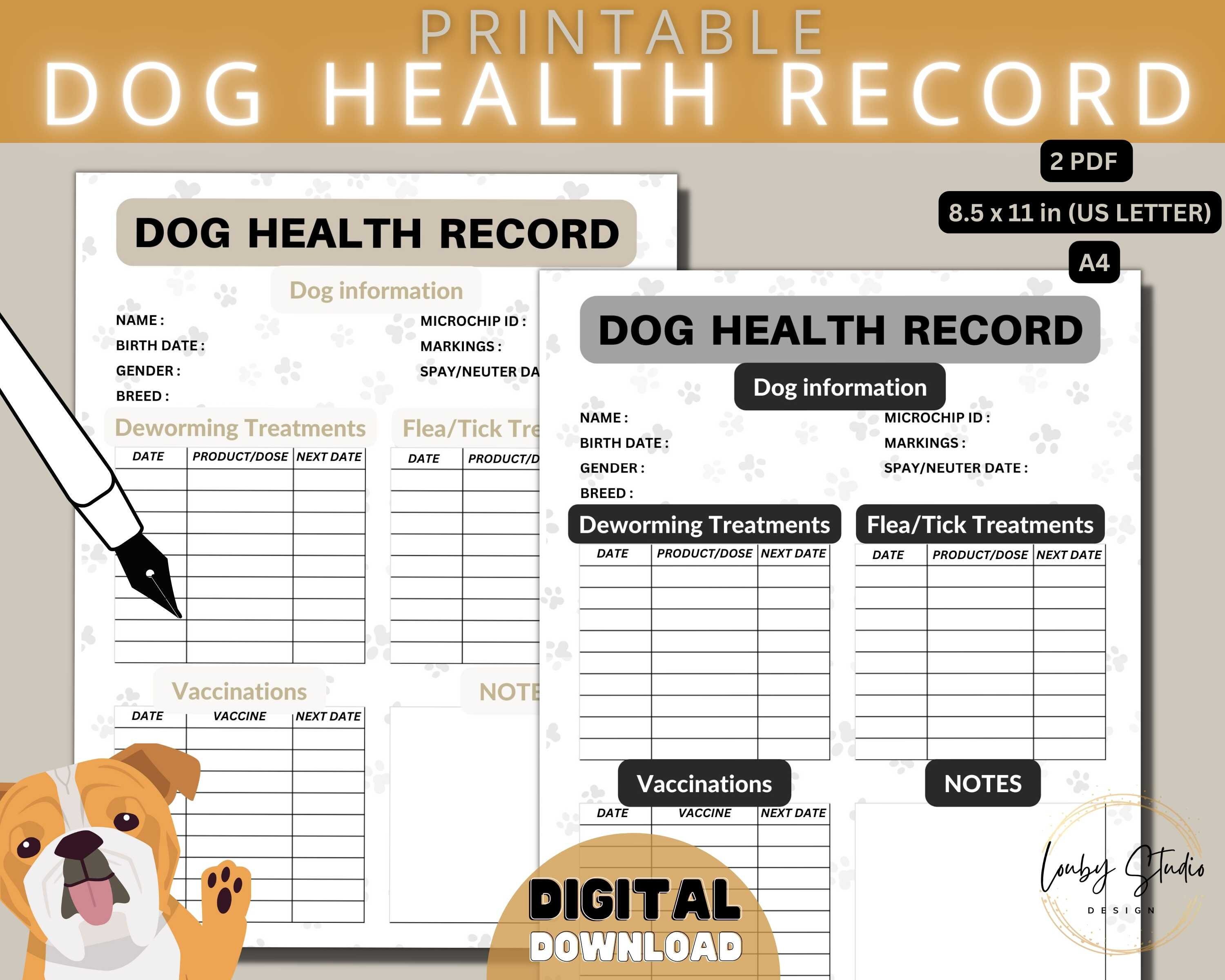 Dog Health Record, Printable Dog Shot Record, Puppy and Dog Vaccination
