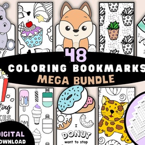 Puede incluir: Un paquete de descarga digital de 48 marcadores para colorear con varios diseños, incluyendo animales, comida y citas. El texto de la imagen dice "COLORING BOOKMARKS MEGA BUNDLE" y "DIGITAL DOWNLOAD".