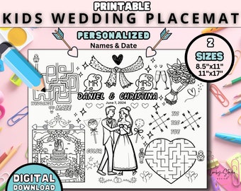 Kids Wedding Coloring Placemat, Printable Wedding Activity Mat, Children Table Games Activities, Digital Download