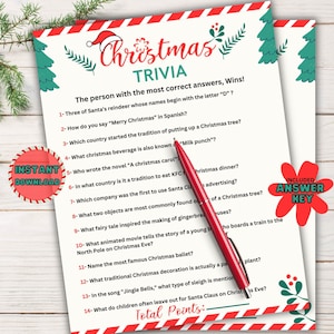 Jogo de curiosidades de Natal para impressão, jogo de curiosidades de férias para adultos, jogo de família de Natal, jogos de festa de escritório de Natal, download digital