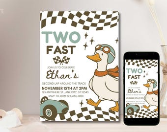 レースカーの2歳の誕生日招待状、2つの高速テーマ、レトロなレースカーの招待状、おどけたグースレーサー（デジタルダウンロード）