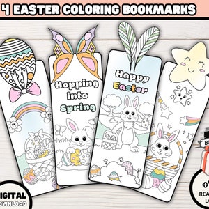 Peut inclure: Quatre marque-pages à colorier sur le thème de Pâques, représentant un lapin, un papillon, une étoile et un panier d'œufs. Les marque-pages sont en noir et blanc et prêts à être coloriés.