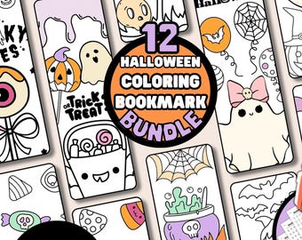 May include: A collection of 12 Halloween coloring bookmarks featuring black and white line art designs including ghosts, pumpkins, a cauldron, and candy. The central circular text reads 12 HALLOWEEN COLORING BOOKMARK BUNDLE and DIGITAL DOWNLOAD.