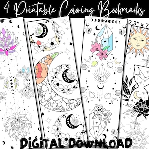 May include: Set of four printable coloring bookmarks featuring celestial and mystical designs. Each bookmark is 2.3 inches by 7 inches and includes images of a lotus flower, crescent moon, crystal, and hourglass.
