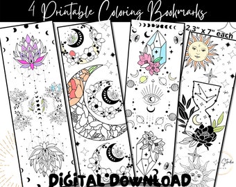 Mystical Coloring Bookmarks, Printable Book Marks, Celestial Bookmark, Adult book lover Coloring page, Digital Download