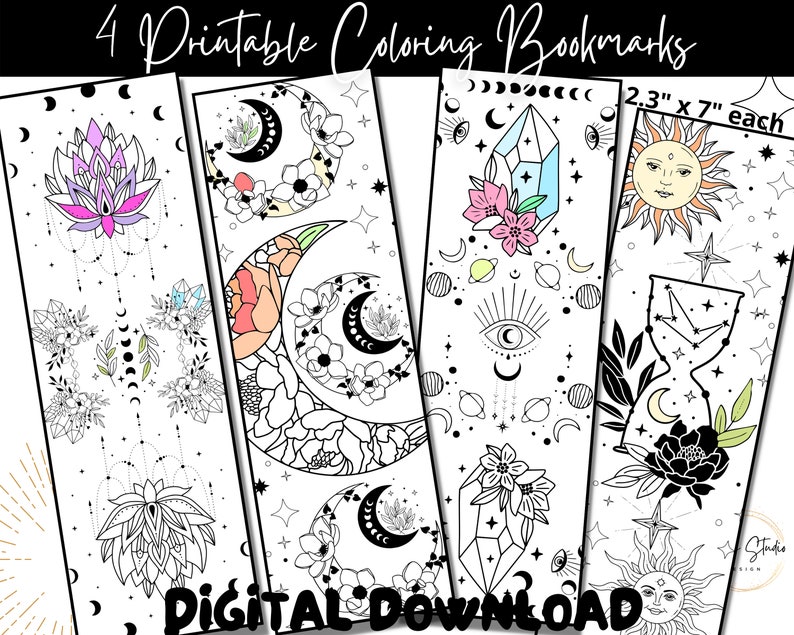 May include: Set of four printable coloring bookmarks featuring celestial and mystical designs. Each bookmark is 2.3 inches by 7 inches and includes images of a lotus flower, crescent moon, crystal, and hourglass.