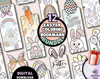 Easter Coloring Bookmarks BUNDLE, Printable Easter Eggs Coloring Pages, Happy Easter Bunny Coloring Book Marks, Easter Class Gift, Digital