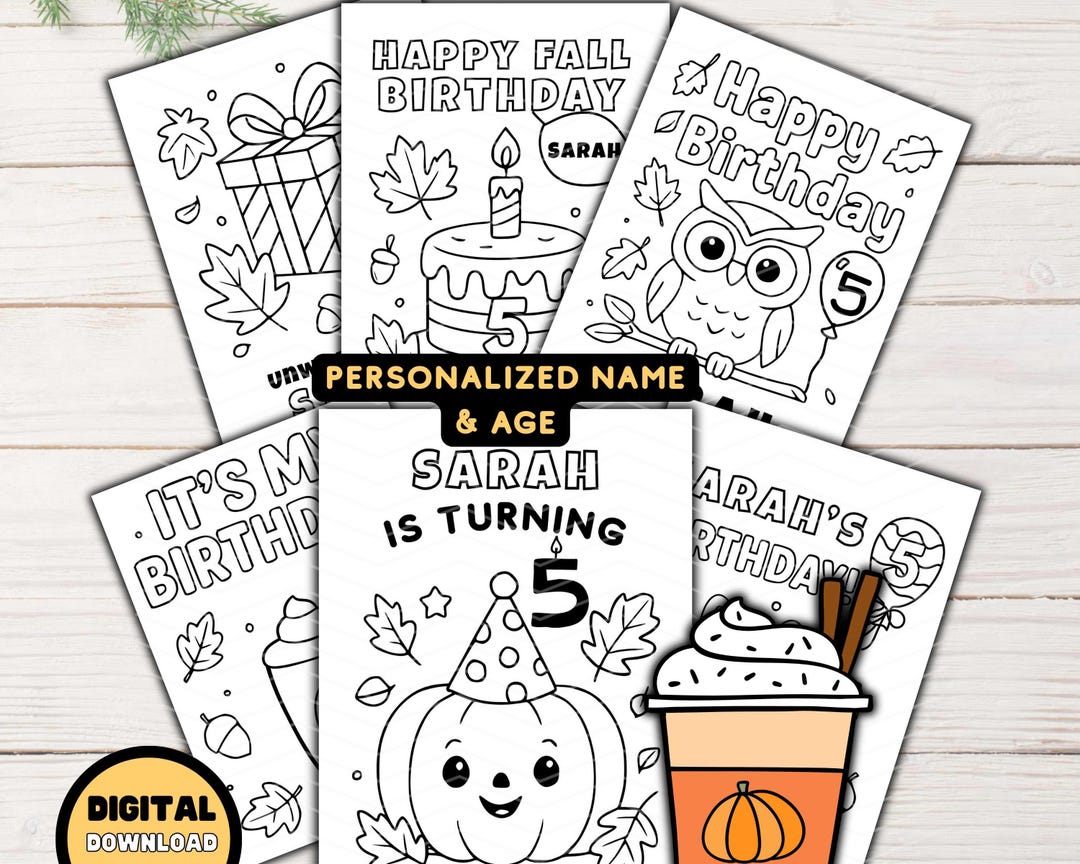 Fall Birthday Coloring Pages for Kids, Autumn Birthday Party Custom ...