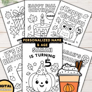 Puede incluir: Una colección de tarjetas de cumpleaños imprimibles en blanco y negro con ilustraciones temáticas de otoño. Las tarjetas presentan imágenes de un regalo, pastel, búho, calabaza y un café con leche de calabaza. El texto incluye "Happy Fall Birthday", "It's My Birthday" y "Sarah is turning 5".
